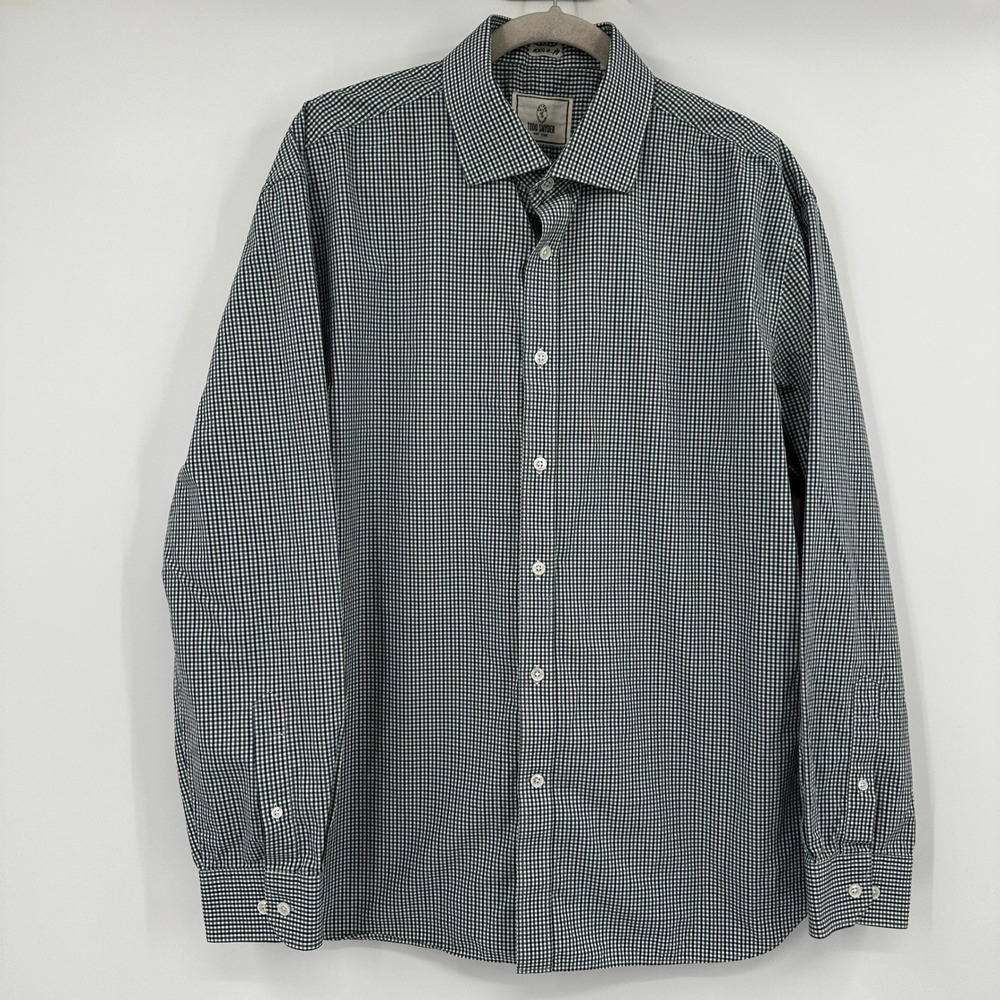 Todd Snyder Mens 17.5 34/35 Gingham Button Down Shirt Green Navy Blue 100s 2-Ply
